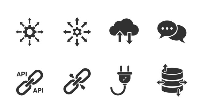 A set of eight black and white vector icons representing various concepts in technology and communication