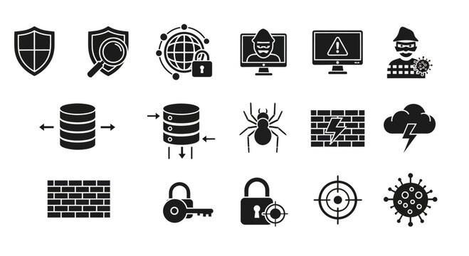 A collection of black and white vector icons representing cybersecurity and protection concepts
