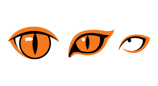 Set of Stylized Animal Eyes: Tiger, Cat, and Reptile Eyes with Orange Iris and Black Pupils