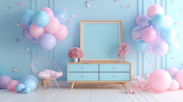 Pastel colored festive decorations fill a light blue room scene with empty picture frame display