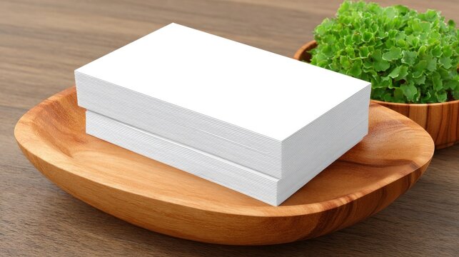 Stack of blank white rectangular paper cards rests on a polished wooden dish beside a small potted green plant.