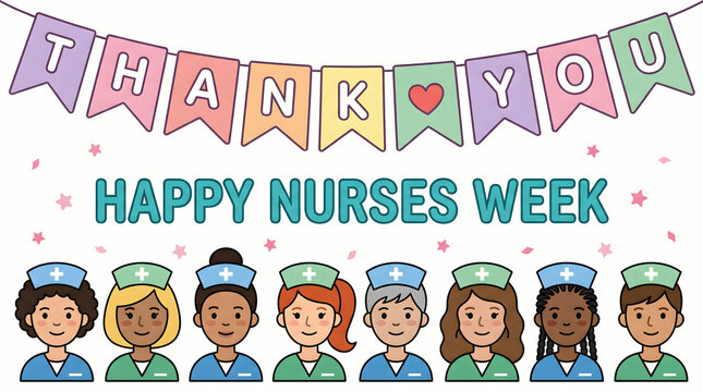 Nurses week thank you banner with diverse nurses