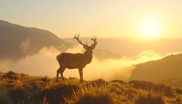Deer silhouette at sunrise over mountains