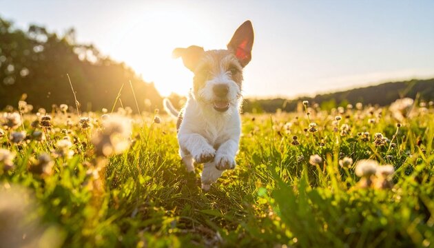 Dog running in grassy meadow