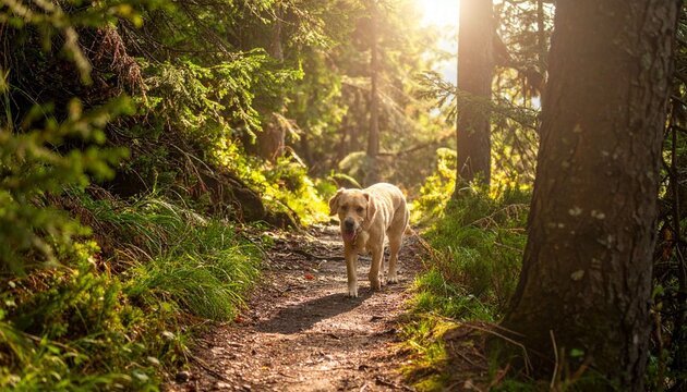 Dog walking forest trail sunlight
