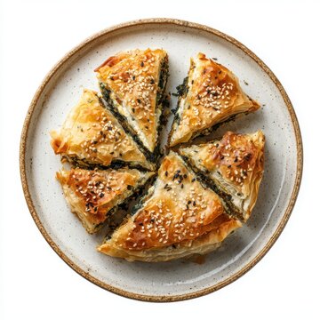 Brek plate with flaky phyllo pastry spinach feta and sesame isolated on a white background