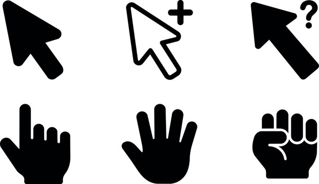 Black and white cursor and hand pointer icons with plus and question marks