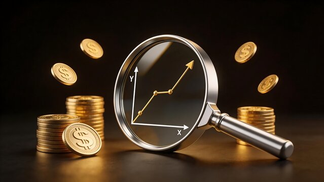 Magnifying glass over gold coins with graph