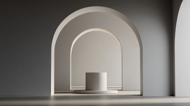 Minimalist architectural setting features layered arches framing a central cylindrical pedestal bathed in soft light.
