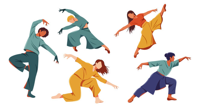 Diverse dancers in dynamic poses, modern contemporary dance, artistic expression, group performance