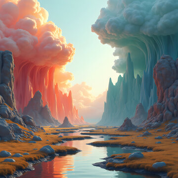 A surreal landscape divided into parallel worlds
