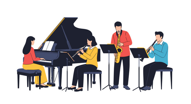 Small musical ensemble featuring a pianist, oboist, saxophonist, and clarinetist performing together with sheet music stands.