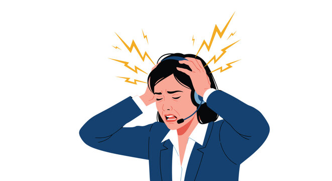 Stressed female call center worker wearing a headset and holding her head in pain while dealing with a difficult situation or noise.