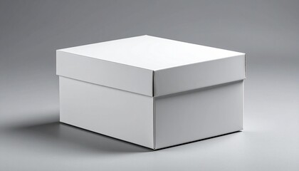 Naklejka premium Minimalist white box with lid on gray background studio shot.