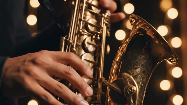 Close-up of a saxophone player performing with warm ambient lighting emphasizing musical artistry and performance atmosphere
