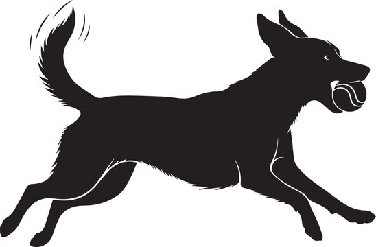 Running dog silhouette with ball in mouth illustration of active german shepherd or retriever fetching toy in playful movement.