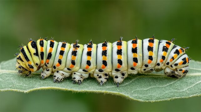 Vividly colored larva crawls along a textured green leaf surface in nature