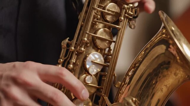 Close-up of jazz saxophonist's hands playing a golden instrument capturing musical performance