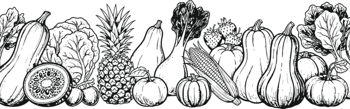 Assortment of fresh produce arranged in a linear pattern with a whimsical hand-drawn style