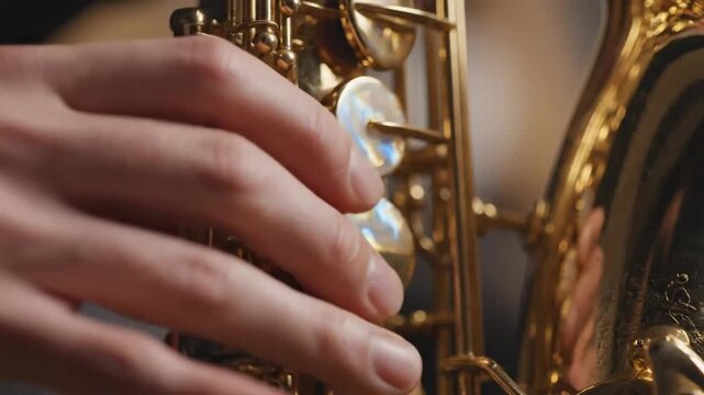 Close-up of hands playing a vintage gold saxophone showcasing intricate craftsmanship and musical finesse