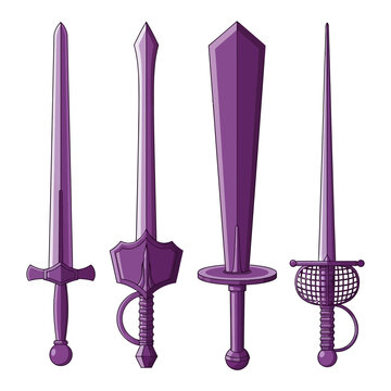 Collection of Four Purple Swords, Fantasy Weapons, Medieval Arms, Digital Art Illustration