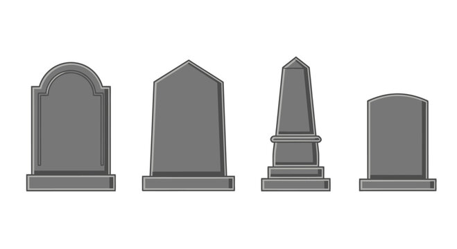 Set of four grey gravestones and tombstones on a white background