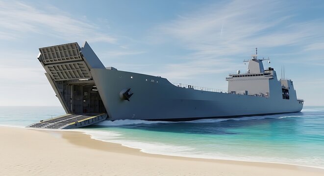 A large grey military landing ship with its front ramp lowered onto a sandy beach in clear blue water under a sunny sky.