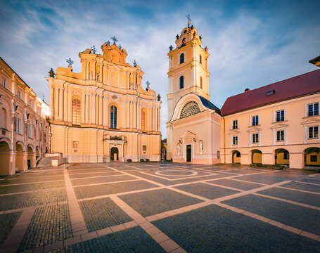 Splendid morning view of Vilnius University Courtyard Theater. Picturesque summer cityscape of capital of Lithuania - Vilnius city, Europe. Traveling concept background.