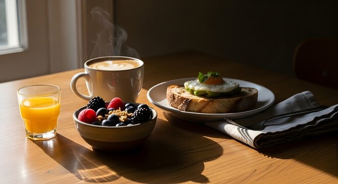 Healthy breakfast with coffee and fresh fruit arrangement