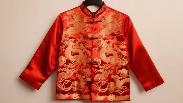 Red traditional mandarin clothing to celebrate lunar new year. Colorful traditional chinese costumes for Chinese New Year. Chinese traditional cheongsam or tang suit.