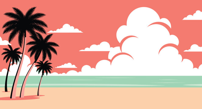 Minimal tropical beach scene with palm tree silhouettes, soft clouds and calm ocean horizon, pastel summer vector illustration background design