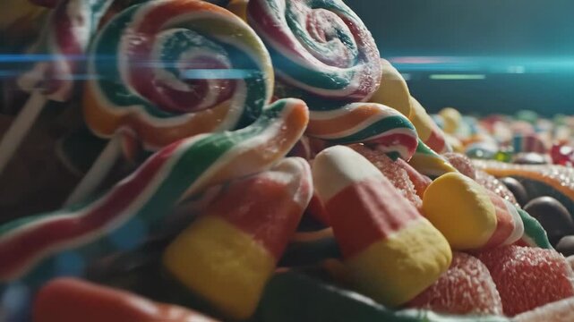 Gummy Candy Assortment in Colorful Jelly Strips on Sugar Dusty Table