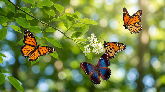 monarch butterflies flying around white flowers