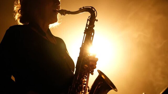 Silhouette of a saxophonist performing on stage with backlighting and atmospheric smoke creating an evocative concert scene