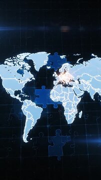A glowing digital world map made of puzzle pieces representing global connectivity and data