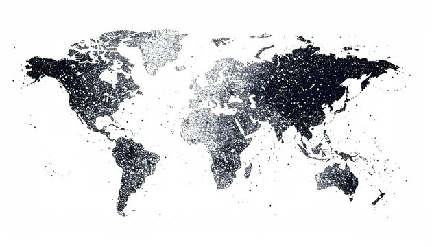 Grayscale world map featuring dense pointillist style representation on a white background