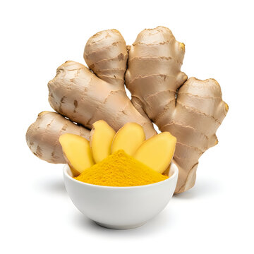 A bowl of turmeric powder and ginger roots isolated on white background