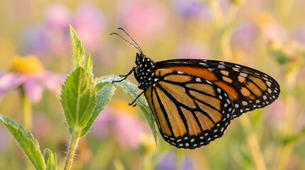 Obraz premium Monarch butterfly on a green leaf