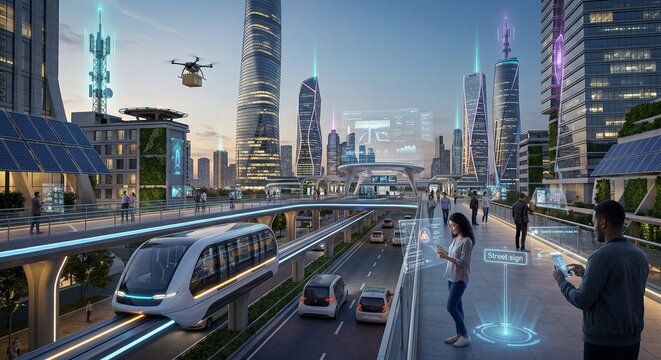 Futuristic smart city landscape with high-speed maglev train, delivery drones, and people using holographic technology in sustainable urban environment.