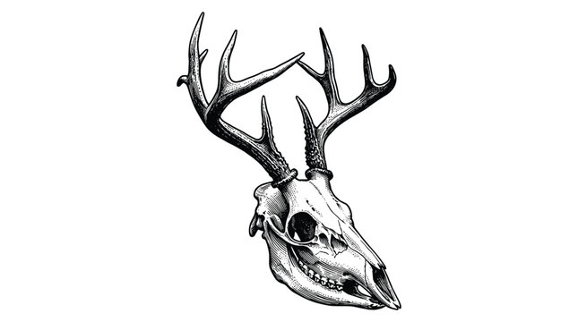 Black and white vector illustration of a deer skull with large antlers.