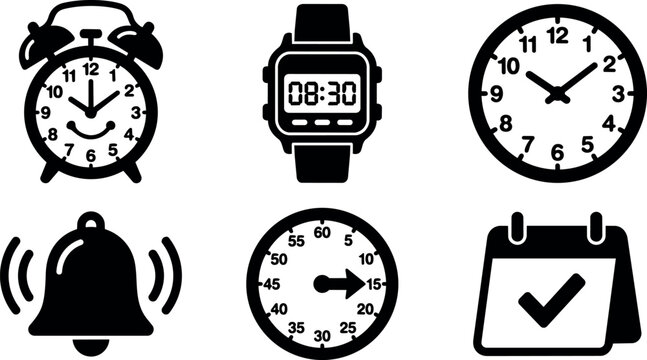 Black and white clock alarm bell watch and calendar icons set