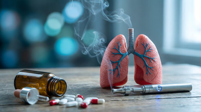 lungs with cigarette smoke, vape and pills on table