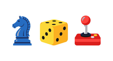 Blue Chess Knight, Yellow Dice, and Red Joystick: Icons of Strategy, Chance, and Gaming © tenor