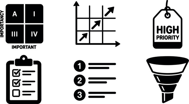 Black and white task priority matrix and checklist icons for productivity
