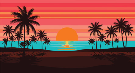 Obraz premium Retro tropical sunset beach landscape with palm tree silhouettes, striped sky and ocean reflection, vibrant summer vector illustration background
