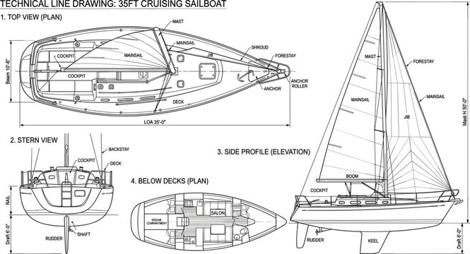 Cruising sailboat blueprint vector with top side stern and deck views detailed nautical vessel technical drawing illustration.eps