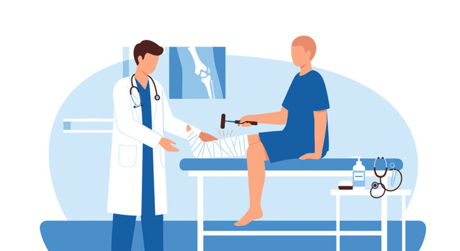 Doctor examines patient's broken leg with reflex hammer, X-ray on wall