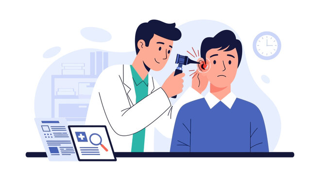 Doctor examines patient's ear with otoscope, medical checkup, hearing health concept
