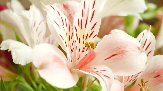 A close-up photograph captures the delicate beauty of alstroemeria flowers, showcasing their intricately patterned petals and soft, pastel coloration. high-quality professional detailed