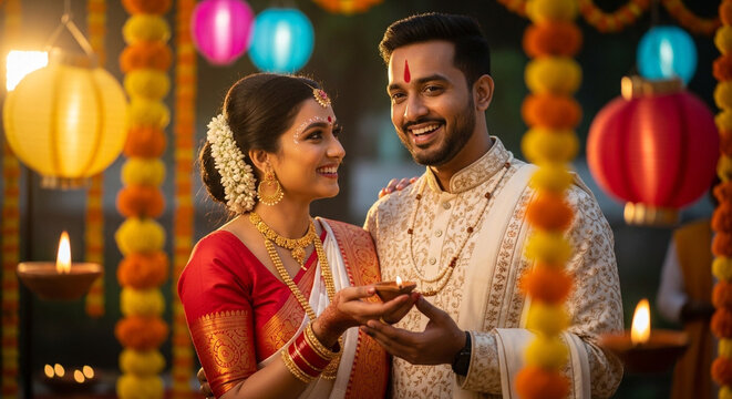 Couple in Traditional Bengali Attire Celebrating Pohela Boishakh with Festive Lights